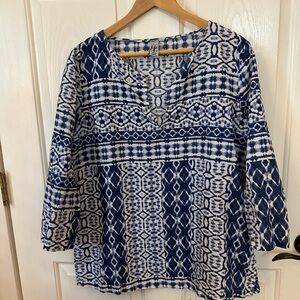 Navy and White Geometric Women's Tunic 100% Linen